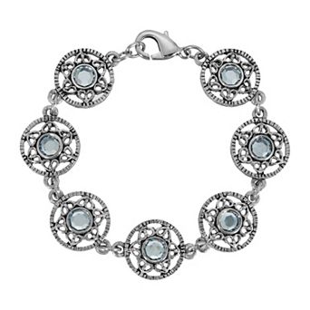 1928 Silver Tone Light Blue Stone Flower Bracelet