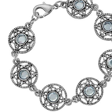 1928 Silver Tone Light Blue Stone Flower Bracelet