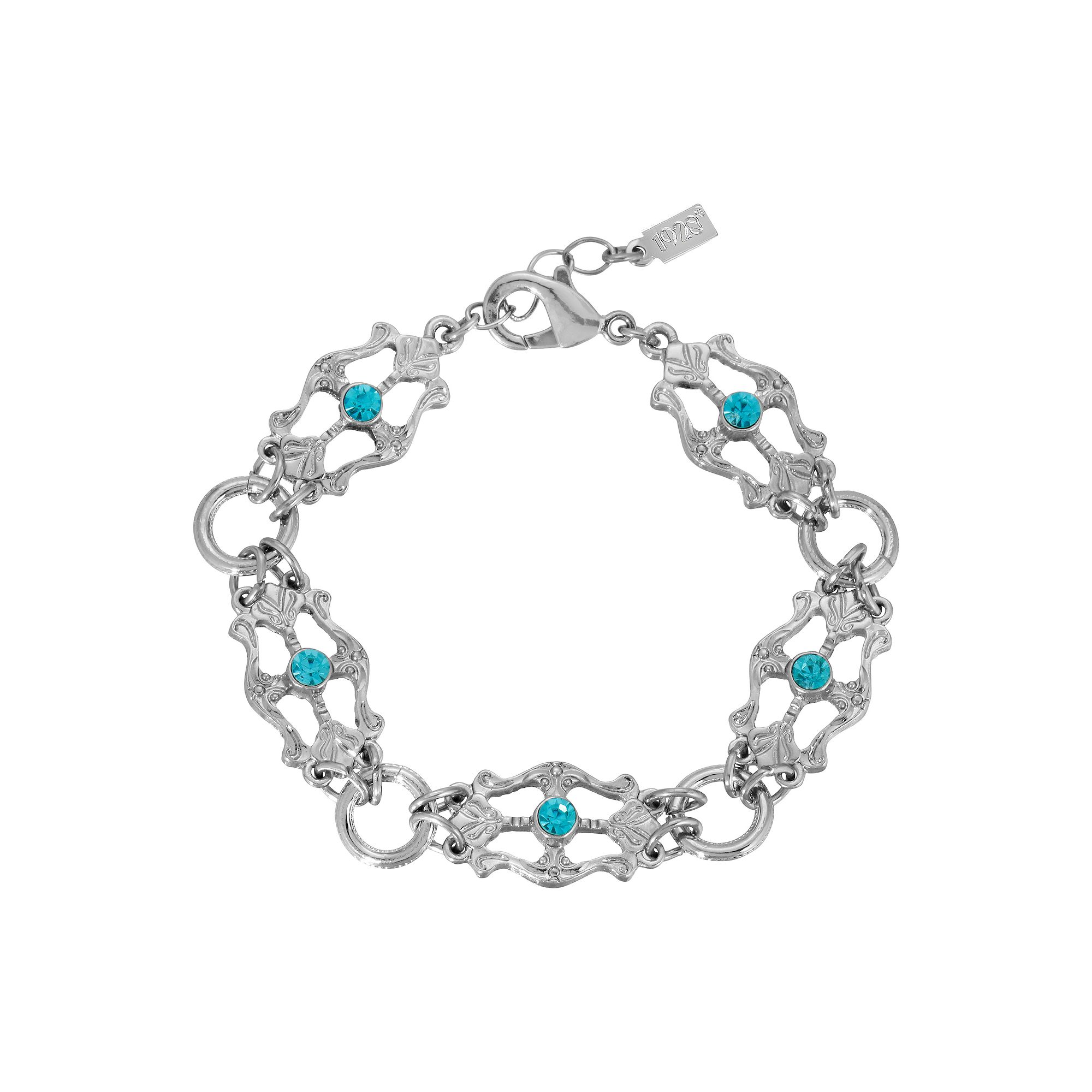 1928 Silver Tone Light Blue Crystal Round Link Bracelet, Womens, Green