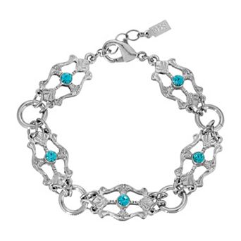 1928 Silver Tone Light Blue Crystal Round Link Bracelet
