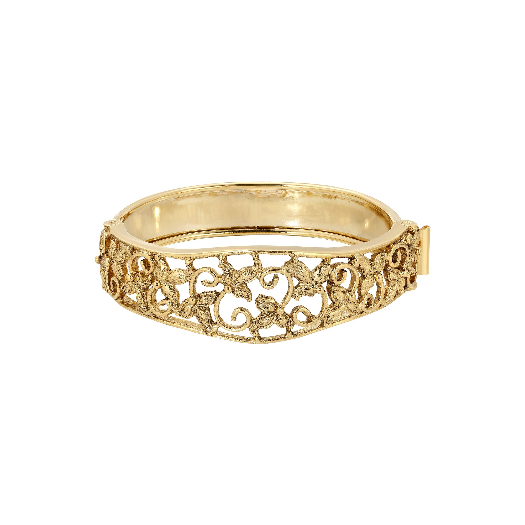 1928 Gold Tone Filigree Flower Hinge Bracelet, Womens