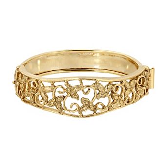 1928 Gold Tone Filigree Flower Hinge Bracelet