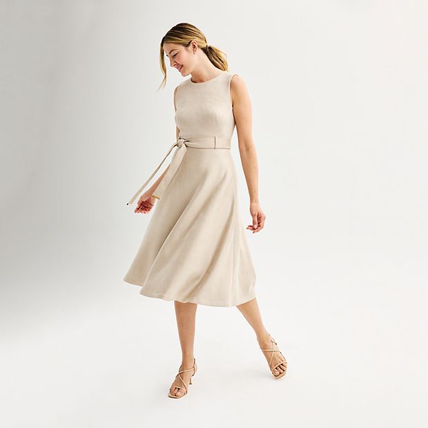 Women's Andrew Marc Sleeveless Fit And Flare Tie Belt Midi Dress
