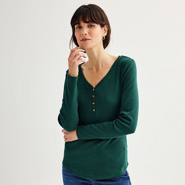Women's Sonoma Goods For Life® Rib Long Sleeve Henley - Olympic Green (X LARGE)