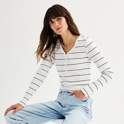 Cole Bay Long Sleeve Henley Top in White/Navy Stripe