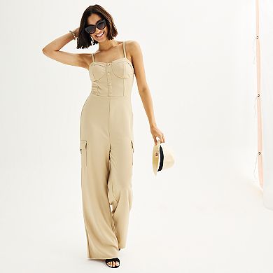 Juniors' Almost Famous Bustier Faux Button Front Jumpsuit with Cargo Pockets