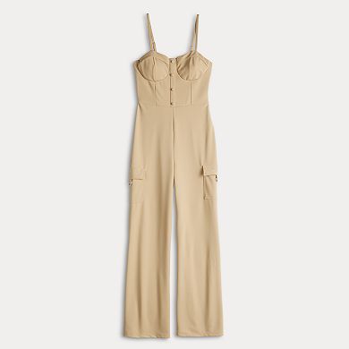 Juniors' Almost Famous Bustier Faux Button Front Jumpsuit with Cargo Pockets