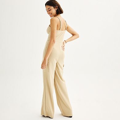 Juniors' Almost Famous Bustier Faux Button Front Jumpsuit with Cargo Pockets