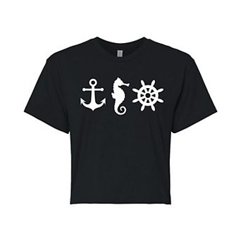 Juniors' Nautical Symbols Cropped Graphic Tee
