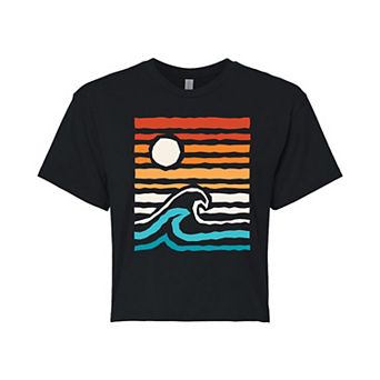 Juniors' Striped Sunset Cropped Graphic Tee