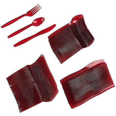 96 Pcs Red Silverware Set Plastic Disposable For Christmas Holiday Party Décor