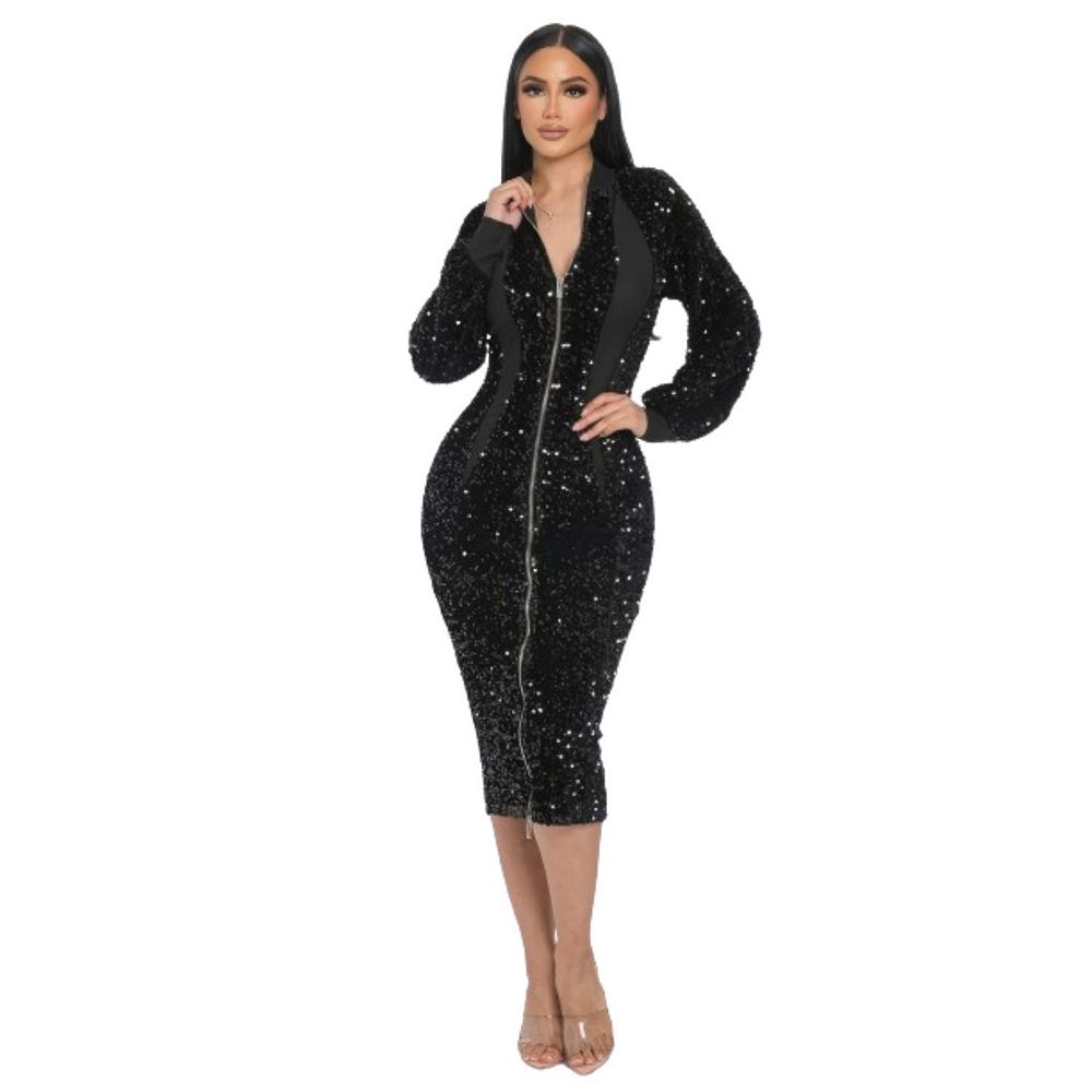 Sequin Contrast Stitch Front Pocket Sweater Dress main image 1