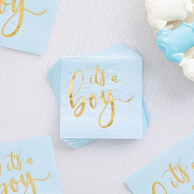 50x It’s A Boy Baby Shower Cocktail Napkins With Gold Foil, Blue, 5 Inch, 3-ply