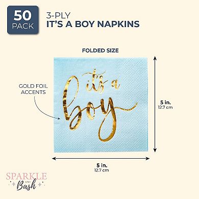 50x It’s A Boy Baby Shower Cocktail Napkins With Gold Foil, Blue, 5 Inch, 3-ply
