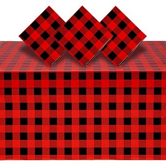 3 Pack Red Party Tablecloth Plastic, Buffalo Plaid Birthday Decorations, 54x108"