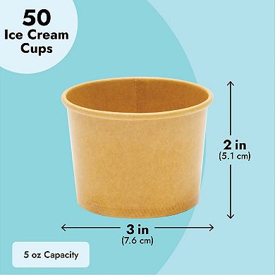 50 Pack Ice Cream Paper Cups, Disposable Sundae Dessert Bowls, 5 Ounces, Brown