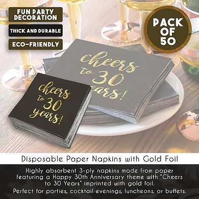 50 Pack Cheers To 30 Years Napkins For 30th Birthday, 3-ply, 5 X 5 In