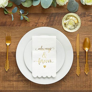 100 Pack White Wedding Napkins With Scalloped Gold Foil Edges For Party, 4x8 In