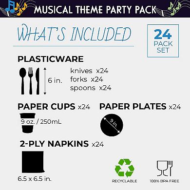 24 Set Music Party Supply Dinnerware With Knives Spoon Forks Plates Napkins Cups
