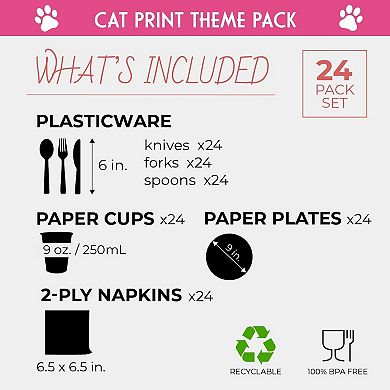 144-pieces Of Kitten Party Supplies For Cat Birthday Decorations, Serves 24