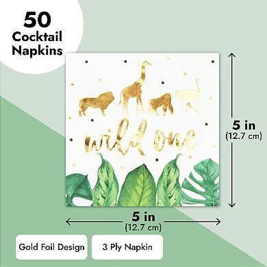 50 Pack Wild One Napkins For Jungle Safari First Birthday Party Supplies, 5x5 In