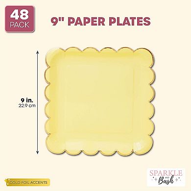48-pack Pastel Yellow Square Paper Plates, Gold Foil Scalloped Edge (9 In)