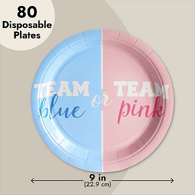 80x Disposable Team Blue Or Team Pink Paper Plates, Party Supplies 9x9"