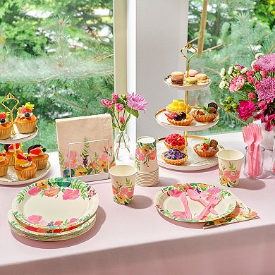 Floral Tea Party Supplies, Flower Plates, Napkins, Cups, And Cutlery, Serves 24