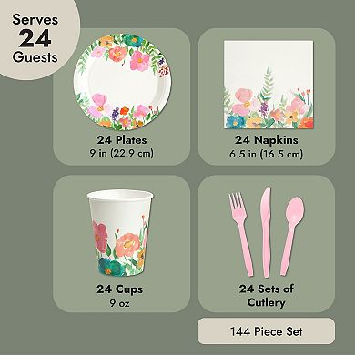 Floral Tea Party Supplies, Flower Plates, Napkins, Cups, And Cutlery, Serves 24