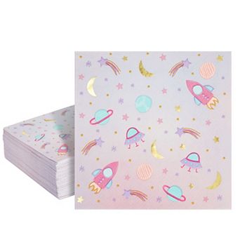 50 Pack Pink Outer Space Party Decorations Cocktail Ppaer Napkins, 5 X 5 in