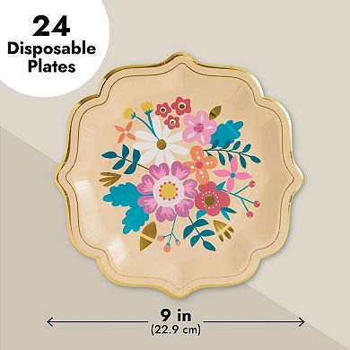 24 Pack Vintage Floral Paper Plates With Scalloped Edges For Fiesta Party, 9 In