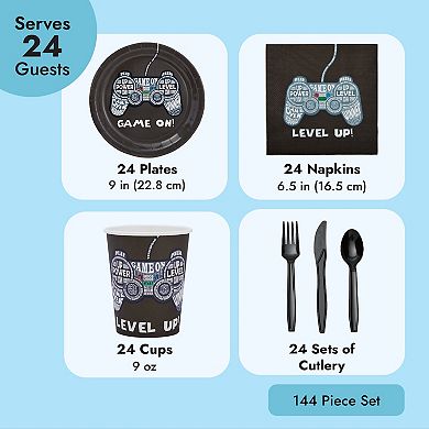144 Pack Video Game Party Supplies For Gamer Birthday Decorations, Serves 24