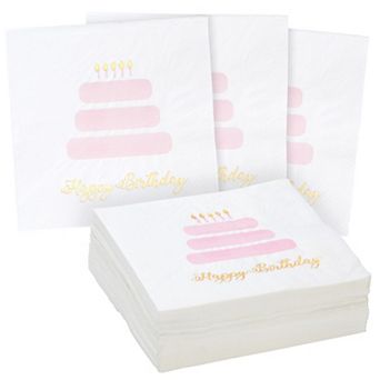 50 Pack Light Pink Happy Birthday Cocktail Napkins With Gold Foil Accents, 5x5"