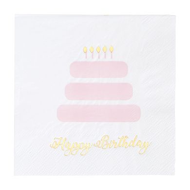 50 Pack Light Pink Happy Birthday Cocktail Napkins With Gold Foil Accents, 5x5"