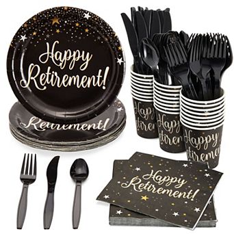 144 pc Happy Retirement Plates And Napkins With Cups, Cutlery, 24 Guests