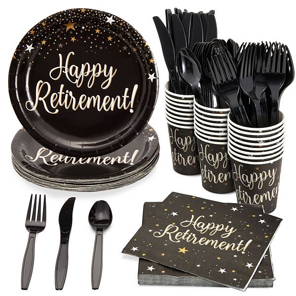 144 Pieces Happy Retirement Plates And Napkins With Cups, Cutlery, 24 ...