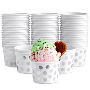 50 Pack Paper Ice Cream Cups, Dessert Bowls With Silver Foil Polka Dots, 8 Oz