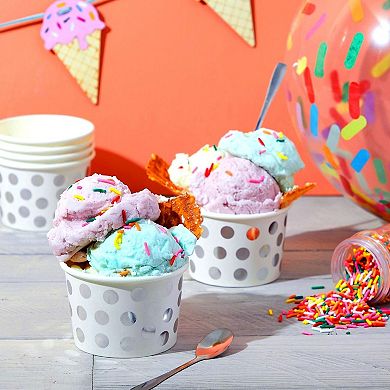 50 Pack Paper Ice Cream Cups, Dessert Bowls With Silver Foil Polka Dots, 8 Oz