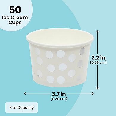 50 Pack Paper Ice Cream Cups, Dessert Bowls With Silver Foil Polka Dots, 8 Oz