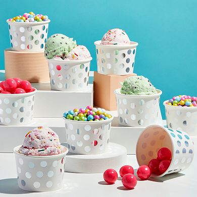 50 Pack Paper Ice Cream Cups, Dessert Bowls With Silver Foil Polka Dots, 8 Oz