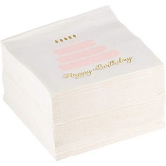 100-pack Disposable Cocktail Napkins Happy Birthday Cake With Gold Foil Print 5"
