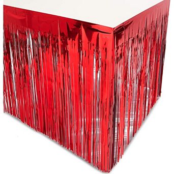 3 Pack 9x2.5 Ft Red Metallic Foil Fringe Tinsel Table Skirt, 4th Of July Decor