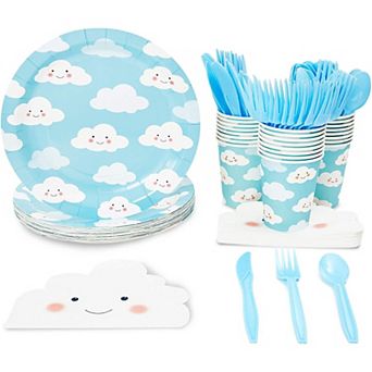 Disposable Dinnerware Set - Serves 24 - Cute Clouds Design, Kids Birthday Party