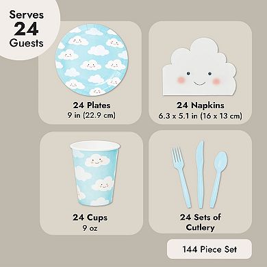 Disposable Dinnerware Set - Serves 24 - Cute Clouds Design, Kids Birthday Party