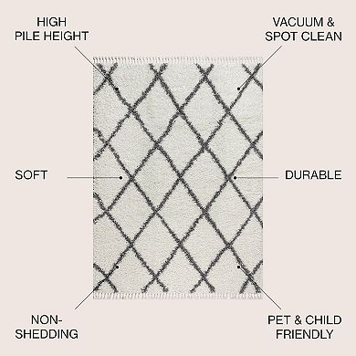 Gabrielle Mercer Shag Plush Tassel Moroccan Geometric Trellis Area Rug