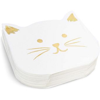 White Paper Napkins With Gold Foil For Cat Party Supplies (6.5 X 6.5 in 50-pcs)