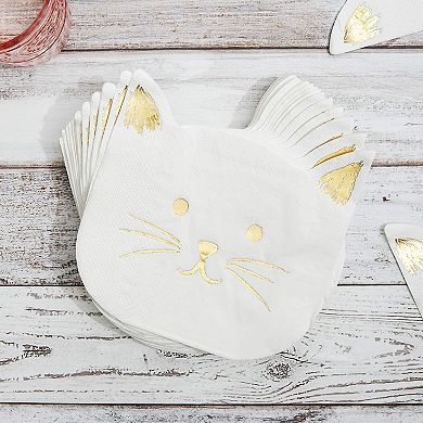 White Paper Napkins With Gold Foil For Cat Party Supplies (6.5 X 6.5 In, 50-pcs)