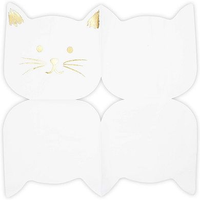White Paper Napkins With Gold Foil For Cat Party Supplies (6.5 X 6.5 In, 50-pcs)