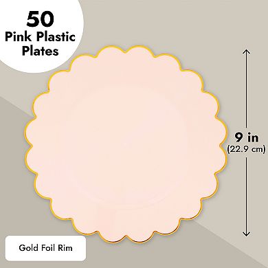 50 Pack Pink And Gold Plastic Plates, 9 Inch Scalloped Plates For Birthday Party