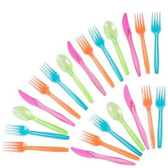 Plastic Silverware Set - 144 pc Neon Cutlery In Green, Blue, Orange, And Pink